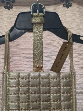 Gold Quilted Metallic Hand Bag And Gold Sparkly Belt Size Large